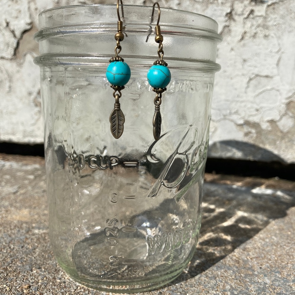 Feather Beaded Dangle Earrings Turquoise and Brushed Brass Color Pierced Ears
